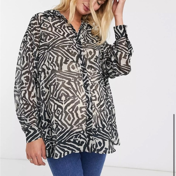ASOS DESIGN Maternity Long Line‎ Tunic Shirt Semi Sheer Mono Swirl Print 8 - Picture 1 of 11